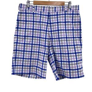 Nike Golf Men's plaid shorts size 33 dri fit white purple blue stretch‎